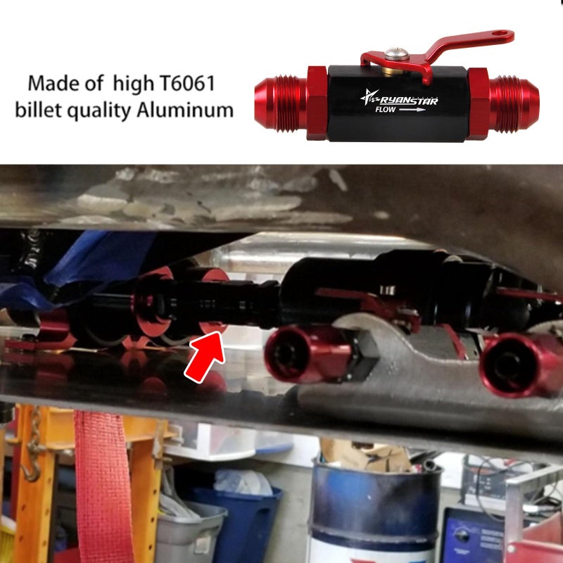 RYANSTAR RACING صمام إيقاف الوقود RYANSTAR AN8 توصيل 8AN إلى 8AN ذكر من الألمنيوم المؤكسد (أسود وأحمر) - Image 3